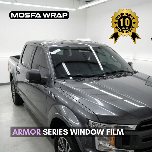 MOSFA Wrap Armor Series ceramic car window tint film installed on Ford F150 pickup truck - premium heat rejection with 10-year warranty