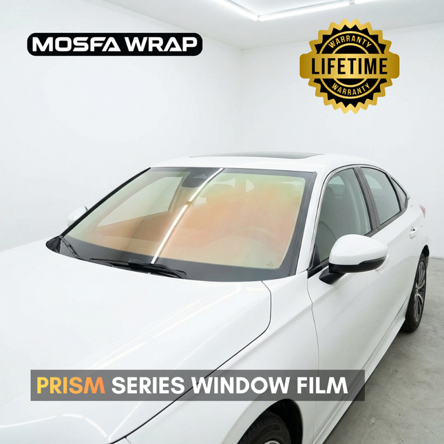 MOSFA Wrap Prism Series chameleon color-shifting windshield window tint film on white sedan - IR heat rejection with lifetime warranty