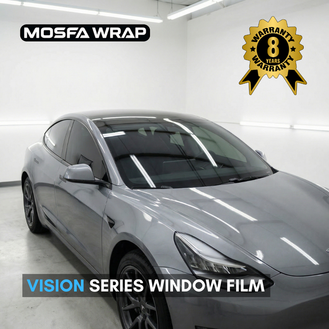 MOSFA Wrap Vision Series ceramic car window tint film on Tesla Model 3 - premium UV heat rejection window tinting with 8-year warranty